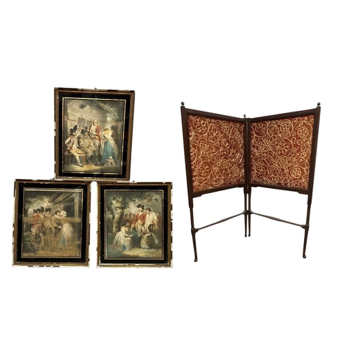 478 - An Arts and Crafts circa 1900, walnut and silk embroidered fire screen with two panels on slender tu... 