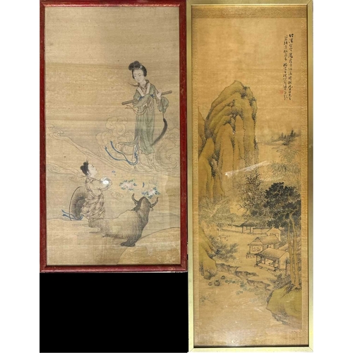 479 - Two Asian 19th century paintings to include; one painted on silk with a woman gazing at a woman and ... 