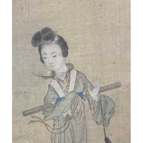 479 - Two Asian 19th century paintings to include; one painted on silk with a woman gazing at a woman and ... 