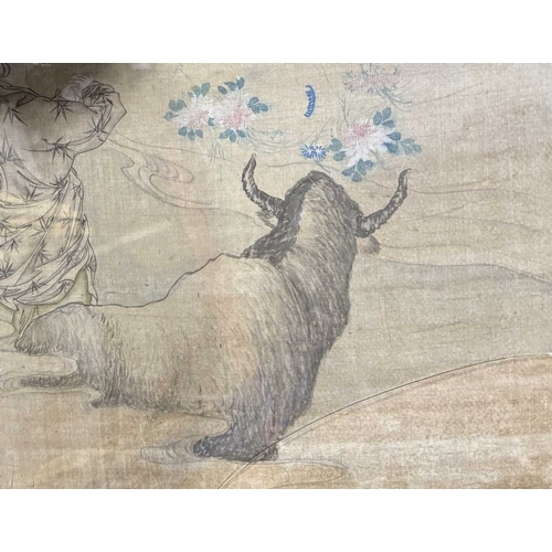 479 - Two Asian 19th century paintings to include; one painted on silk with a woman gazing at a woman and ... 