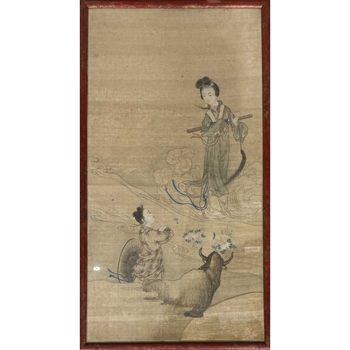 479 - Two Asian 19th century paintings to include; one painted on silk with a woman gazing at a woman and ... 