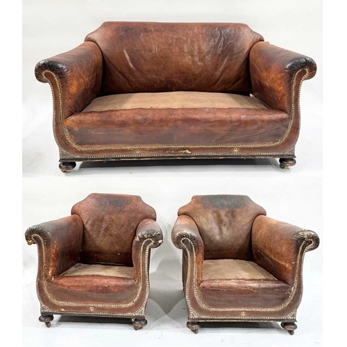 542 - An art deco brown leather three piece suite, low slung and deep seated, lyre shaped arms, with brass... 