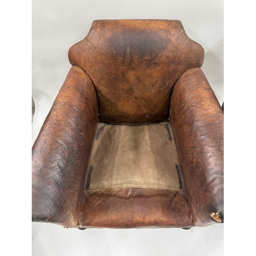 542 - An art deco brown leather three piece suite, low slung and deep seated, lyre shaped arms, with brass... 