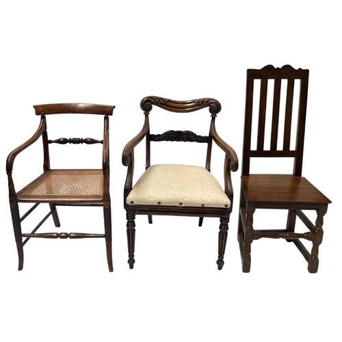 550 - A regency mahogany armchair, scrolling top rail, carved splat, arms terminating in scrolls, drop in ... 