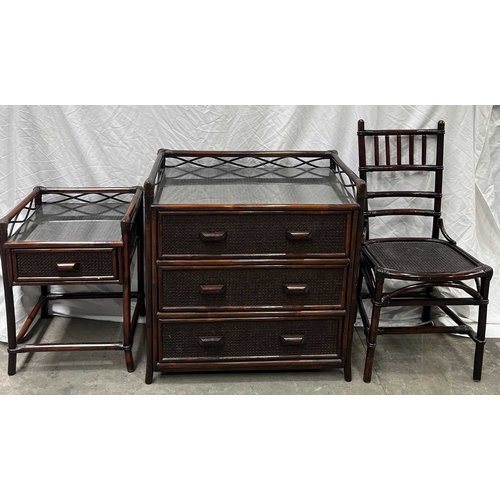 562 - A rattan, cane and bamboo bedroom suite consisting of a chest of drawers, bedside table, chair and m... 
