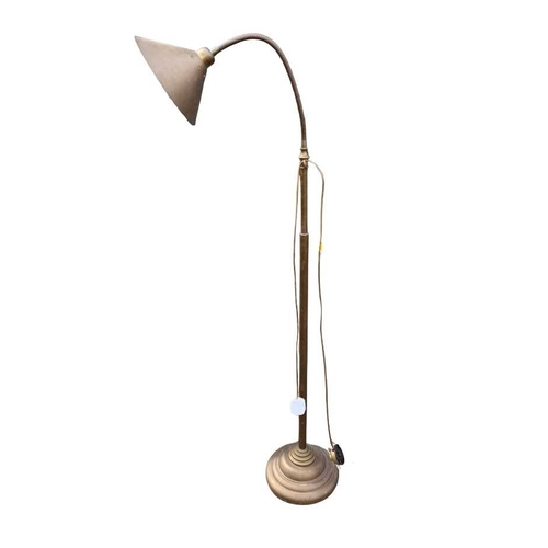 566A - A Laura Ashley brushed brass standard lamp, conical shade with adjustable neck, down to stepped weig... 