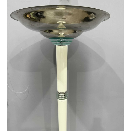 569 - An Art Deco/ Post Modern style floor standing uplighter in an ivory colour on metal with fin type ci... 