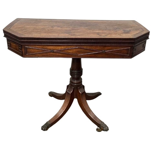 573 - A Regency mahogany fold over card table, dentilled top with concertina action, green baize, cut corn... 