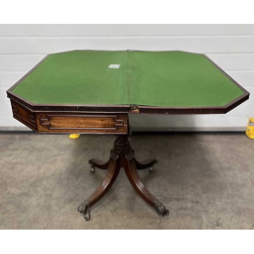 573 - A Regency mahogany fold over card table, dentilled top with concertina action, green baize, cut corn... 