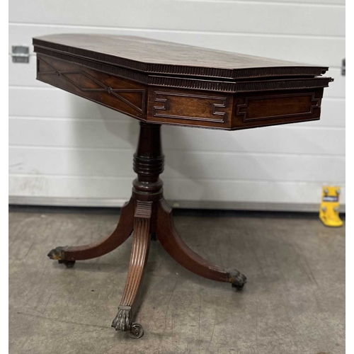573 - A Regency mahogany fold over card table, dentilled top with concertina action, green baize, cut corn... 