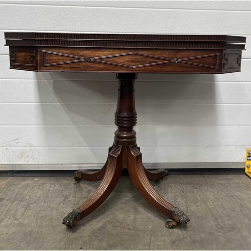 573 - A Regency mahogany fold over card table, dentilled top with concertina action, green baize, cut corn... 