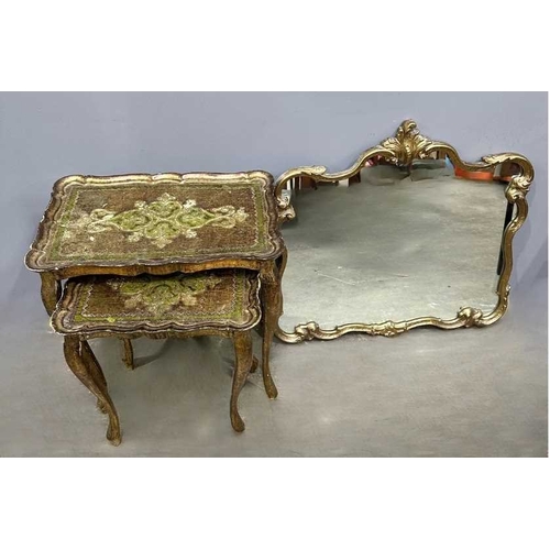 578 - A gilt rococo wall mirror, scrolling edge, height 70cm, width 78cm, together with two heavily gilded... 