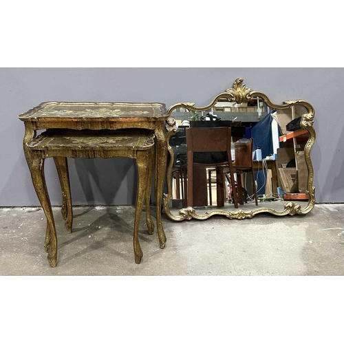 578 - A gilt rococo wall mirror, scrolling edge, height 70cm, width 78cm, together with two heavily gilded... 