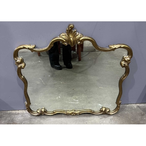 578 - A gilt rococo wall mirror, scrolling edge, height 70cm, width 78cm, together with two heavily gilded... 