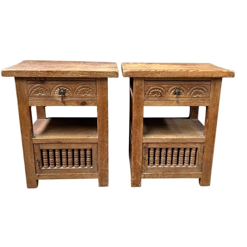 581 - A pair of waxed pine bedside tables, single drawer beneath with metal pull, open undertier above a c... 