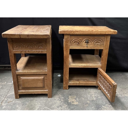 581 - A pair of waxed pine bedside tables, single drawer beneath with metal pull, open undertier above a c... 