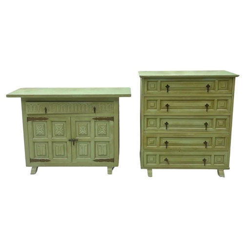 589 - A green painted chest of drawers, five drawers loosely in a Spanish style, brass pulls, distressed f... 