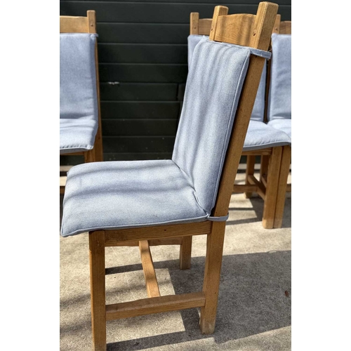 593 - A set of six modern oak dining chairs, ladder backs with drop in rush seats, square legs, detachable... 