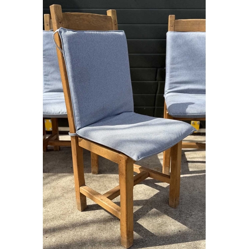 593 - A set of six modern oak dining chairs, ladder backs with drop in rush seats, square legs, detachable... 