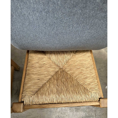 593 - A set of six modern oak dining chairs, ladder backs with drop in rush seats, square legs, detachable... 