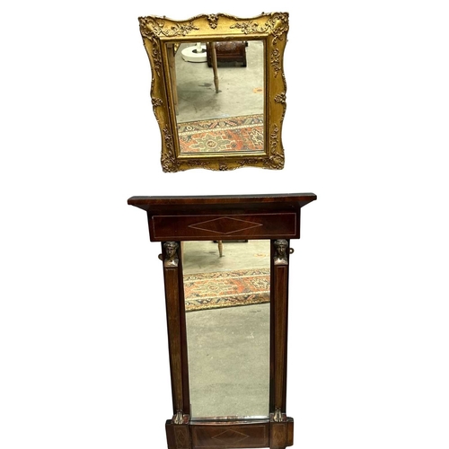 595 - A mahogany Empire design pier glass, 19th Century, probably French, cornice above panel with metal i... 