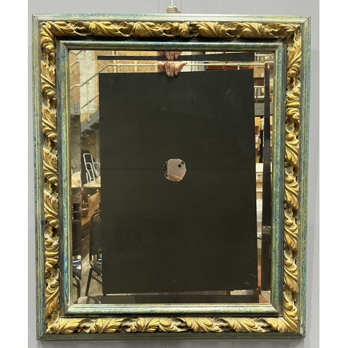 596 - A 20th century mirror, faux-aged bevelled mirror plate within a marble effect blue/green wooden fram... 