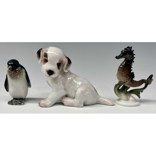 68 - Three small porcelain animal figurines by Rosenthal, a seahorse by Hugo Meisel, height 10cm, a sitti... 
