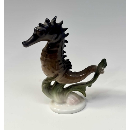 68 - Three small porcelain animal figurines by Rosenthal, a seahorse by Hugo Meisel, height 10cm, a sitti... 