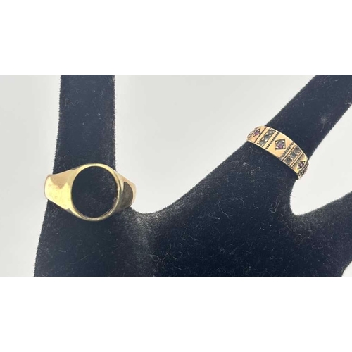 452 - Two late Victorian 15ct gold rings, to include a signet ring with missing gem, and a ring set with t... 