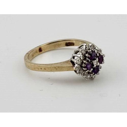 378 - A 9ct gold amethyst and single-cut diamond cluster ring, estimated total diamond weight 0.15ct, hall... 