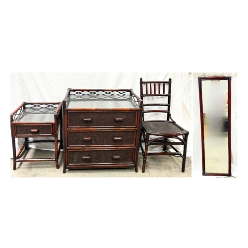 562 - A rattan, cane and bamboo bedroom suite consisting of a chest of drawers, bedside table, chair and m... 