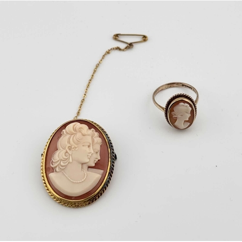 428 - A 9ct gold cameo ring and brooch, ring with hallmarks for Birmingham 1971, ring size M, brooch stamp... 