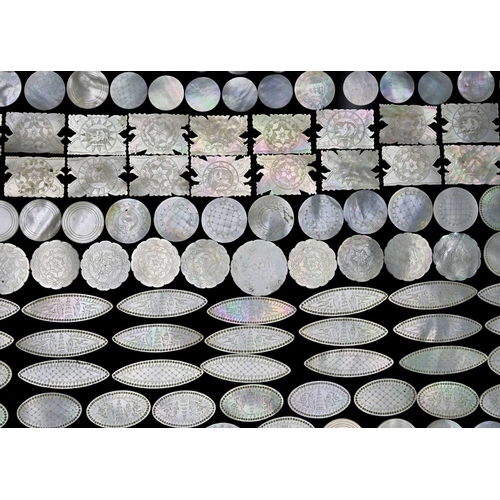 116 - A large collection of Chinese mother of pearl gaming counters, of various shapes and sizes, in part ... 