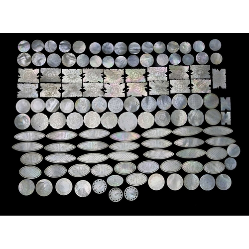 116 - A large collection of Chinese mother of pearl gaming counters, of various shapes and sizes, in part ... 