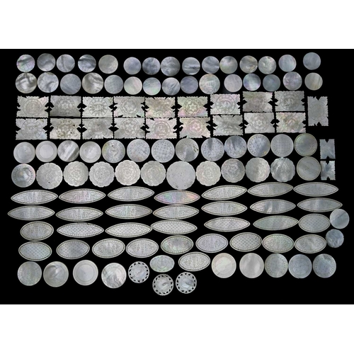 116 - A large collection of Chinese mother of pearl gaming counters, of various shapes and sizes, in part ... 