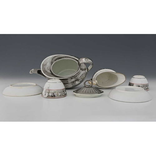670 - A collection of Staffordshire silver lustre tea ware, circa 1800, including Empire style teapot with... 
