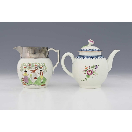 673 - Worcester, a blue and white bordered, polychrome teapot, circa 1780, spherical form with floral fini... 