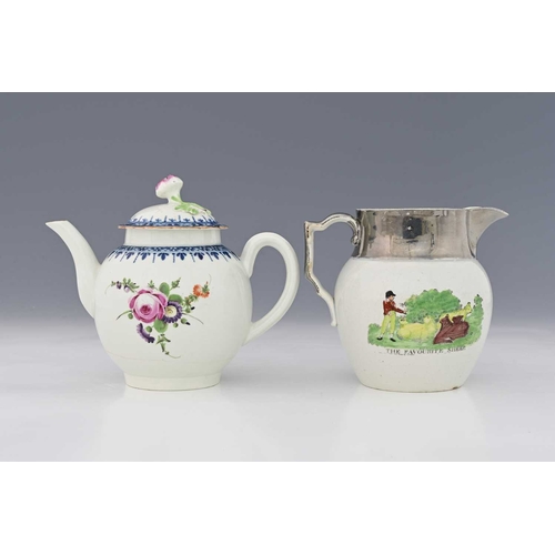 673 - Worcester, a blue and white bordered, polychrome teapot, circa 1780, spherical form with floral fini... 
