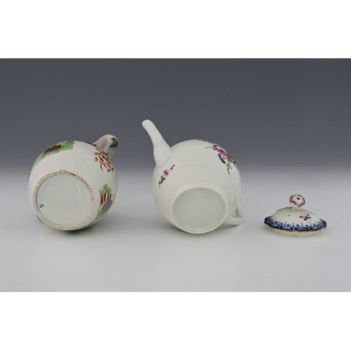 673 - Worcester, a blue and white bordered, polychrome teapot, circa 1780, spherical form with floral fini... 