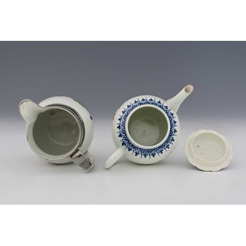 673 - Worcester, a blue and white bordered, polychrome teapot, circa 1780, spherical form with floral fini... 