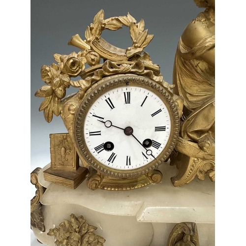 272 - A French mantle clock, 19th century, alabaster base surmounted with a finely cast and gilded female ... 