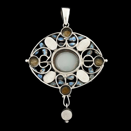 25 - An Arts and Crafts silver opal, garnet, blister pearl and enamel pendant, in the style of Arthur and... 