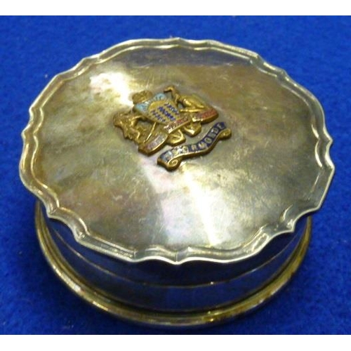 222 - An early 20th Century silver plated lidded Box and Cover decorated with a maritime enamel crest in r... 