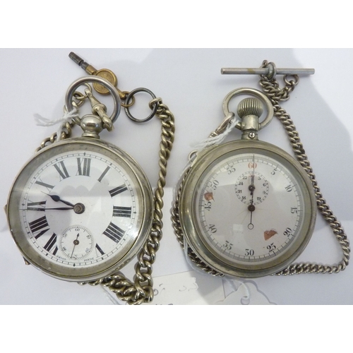 298 - A late-19th century pocket watch with key; together with a military stopwatch/timepiece with arrow a... 