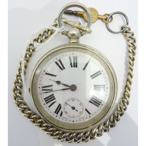 298 - A late-19th century pocket watch with key; together with a military stopwatch/timepiece with arrow a... 