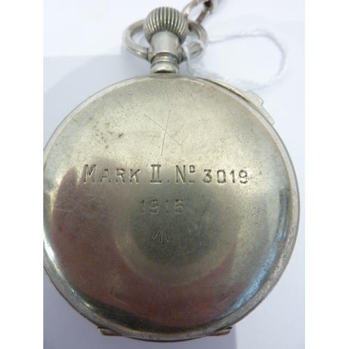 298 - A late-19th century pocket watch with key; together with a military stopwatch/timepiece with arrow a... 