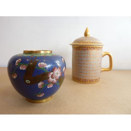 313 - A pair of cloisonné vases together with a pair of chocolate cups