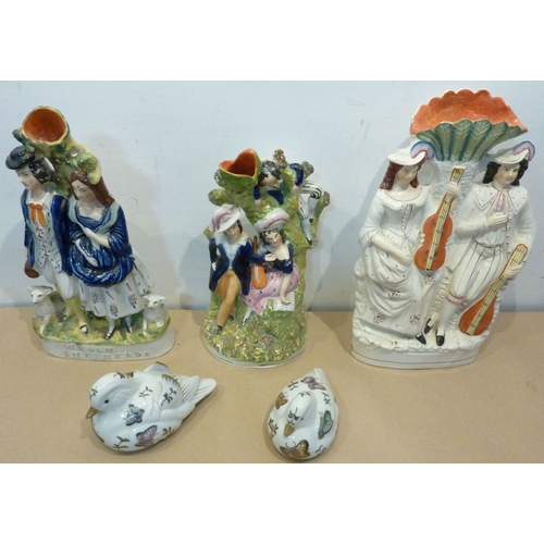 32 - Three large 19th century Staffordshire flat-back figures together with two modern decorative ceramic... 