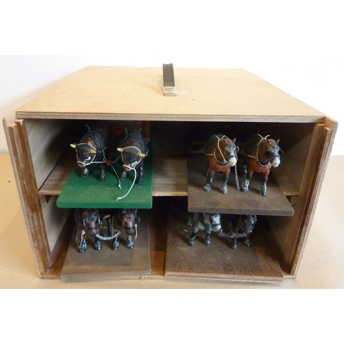 332 - Four models of horsedrawn ploughs and a cart contained in a wooden case