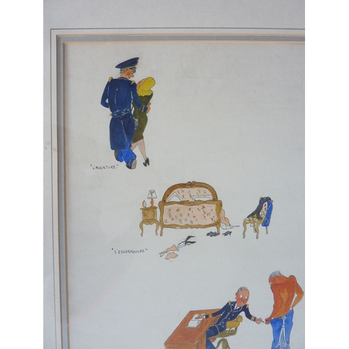 394 - A humorous mid-20th century French watercolour sketch; the four vignettes titled with the names of F... 